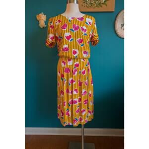 Vintage Yellow Floral Midi Dress Short Sleeve Graphic Print 80s Large